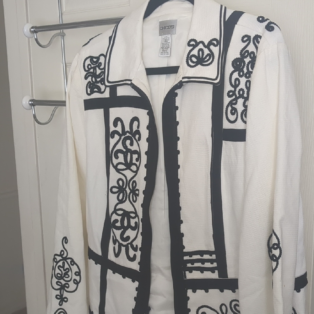 Chico's Elegant Black and White Embroidered Jacket